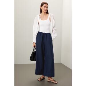 ONIA Dark Blue Linen Blend Wide Leg Drawstring Trousers Pants Size Medium